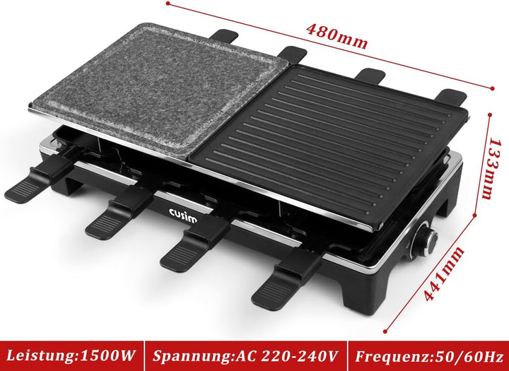 CUSIMAX Raclette Grill mit Reversible Grillpfanne & Natürlichem Grillstein, Raclette Partygrill für