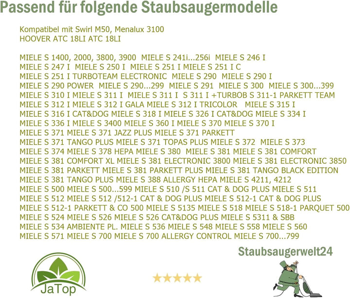 30 JaTop Staubsaugerbeutel kompatibel mit Swirl M50 M 50 und Miele 30x Beutel SSW24, 30x Beutel SSW2