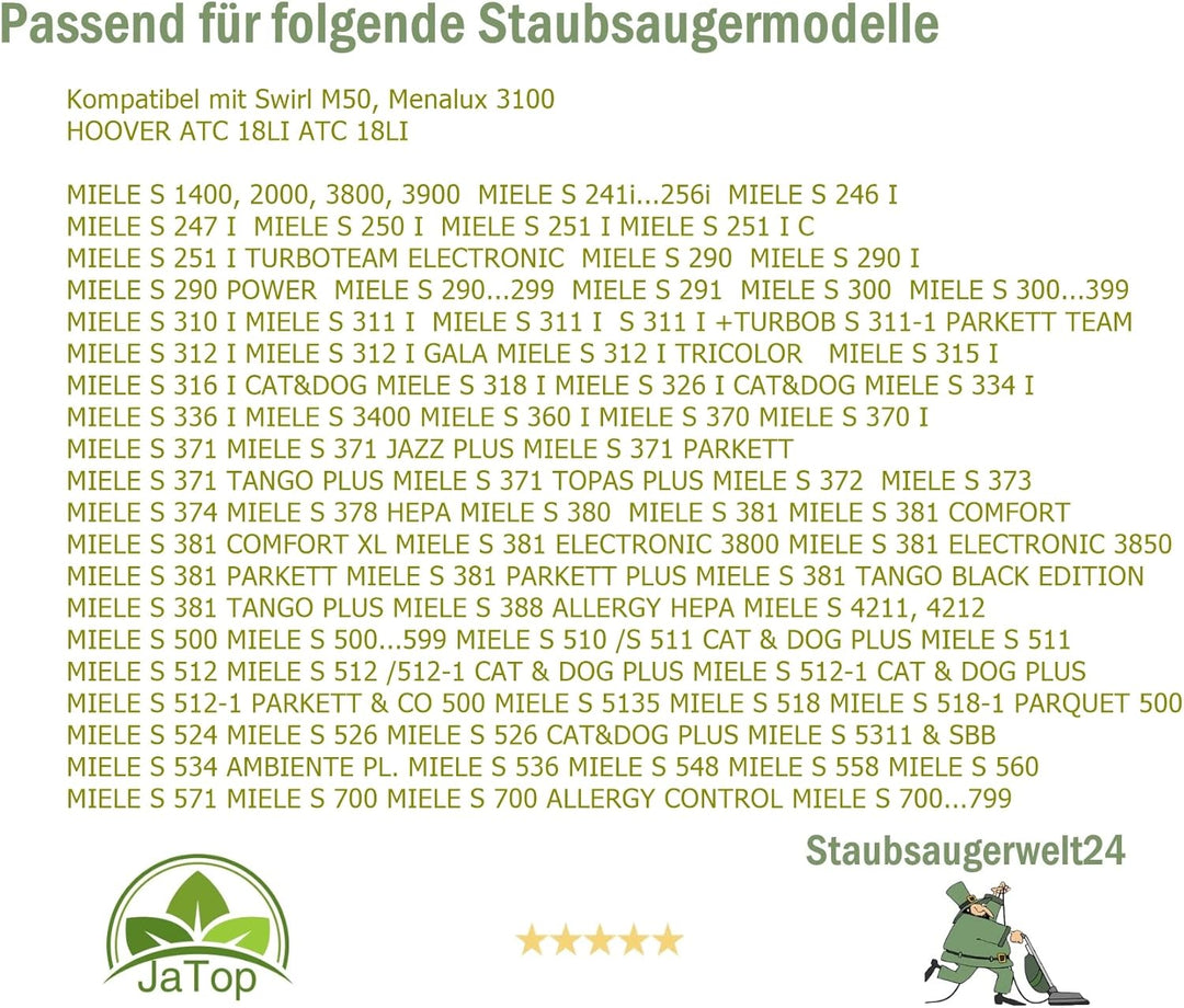 20 JaTop Staubsaugerbeutel Kompatibel Mit Swirl M50 Und MIELE S 1400, 2000, 3800, 3900, 241i...256i,