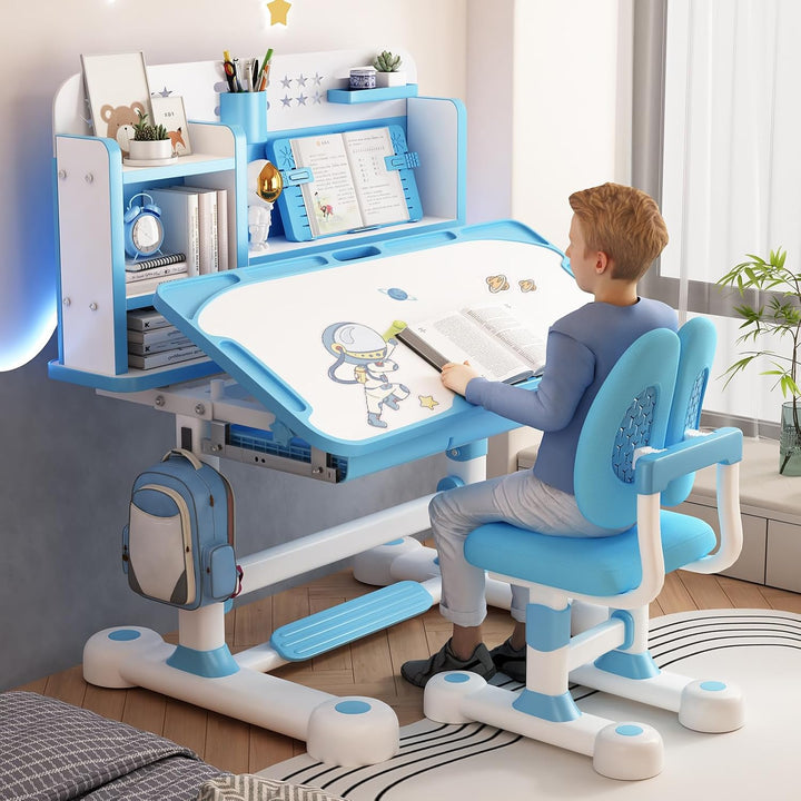 2Pcs/Set Kids Study Desk Chair Set, Height Adjustable Children School Study Table Chair Set with Sit