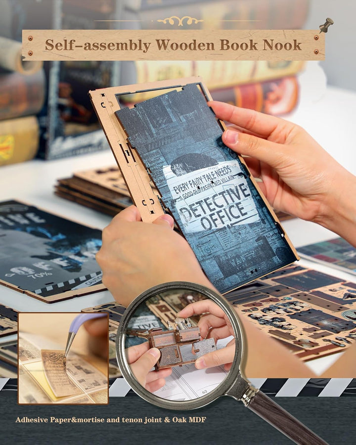 Quanquer Book Nook Kit-Detektivbüro Mit Staubschutzhülle Miniatur Puppenhaus Bücherregal 3D Holzpuzz