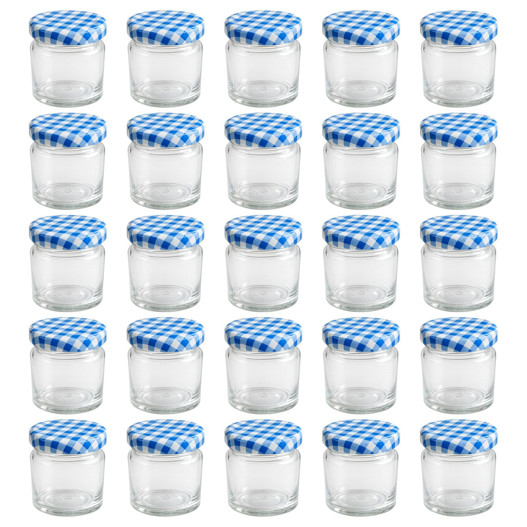 hocz 28x Mini Marmeladengläser 53 ml Set | Deckel Blau Kariert TO 43 | kleine Einmachgläser mit Schr