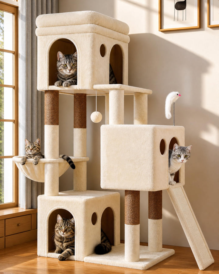 Globlazer Kratzbaum Beige für 2-4 Katzen mit 3 Grosse Katzenhaus 40*33*35cm, Weich Katzenkorb, Kratz