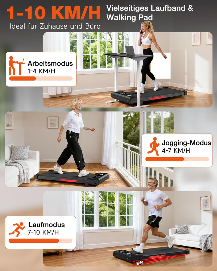 Walking Pad Laufband klappbar mit 9% Steigung und 1-10 km/h, leiser bürstenloser 3,0-PS-Motor, bis 1