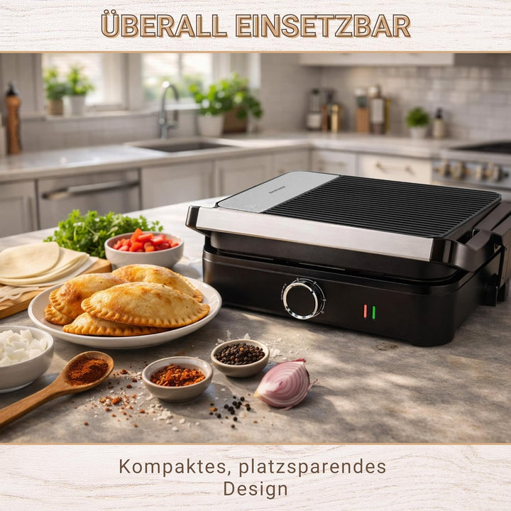 Syntrox EmpanadaKombigerät Multifunktionsmaker mit Wechselplatten, Kontaktgrill Edelstahl, Multifunk