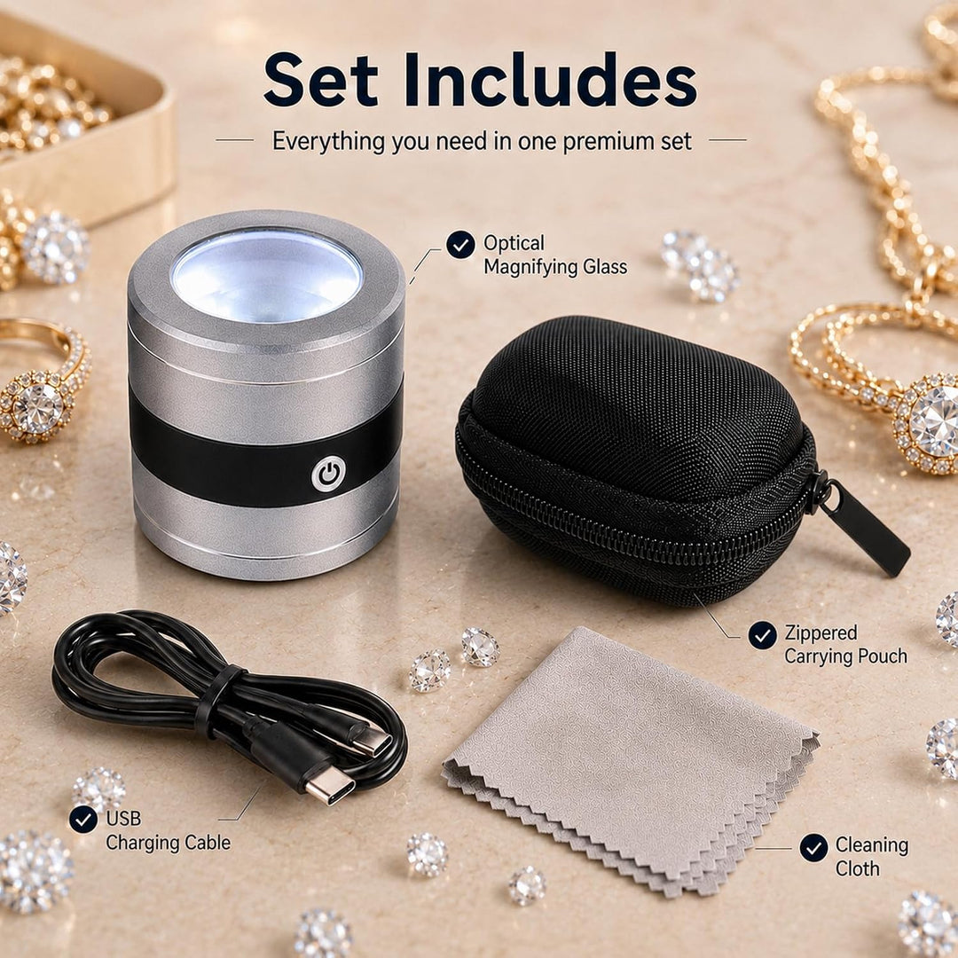10X Juwelierlupe mit LED- und UV-Licht, metrischer Skala, USB-LED-Ladeanzeige. Ideal für Schmuck, Te