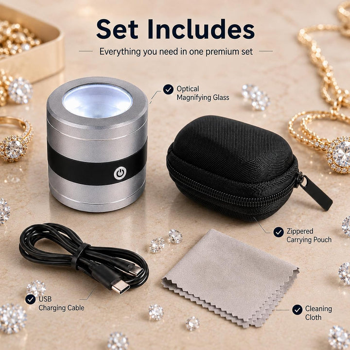 10X Juwelierlupe mit LED- und UV-Licht, metrischer Skala, USB-LED-Ladeanzeige. Ideal für Schmuck, Te
