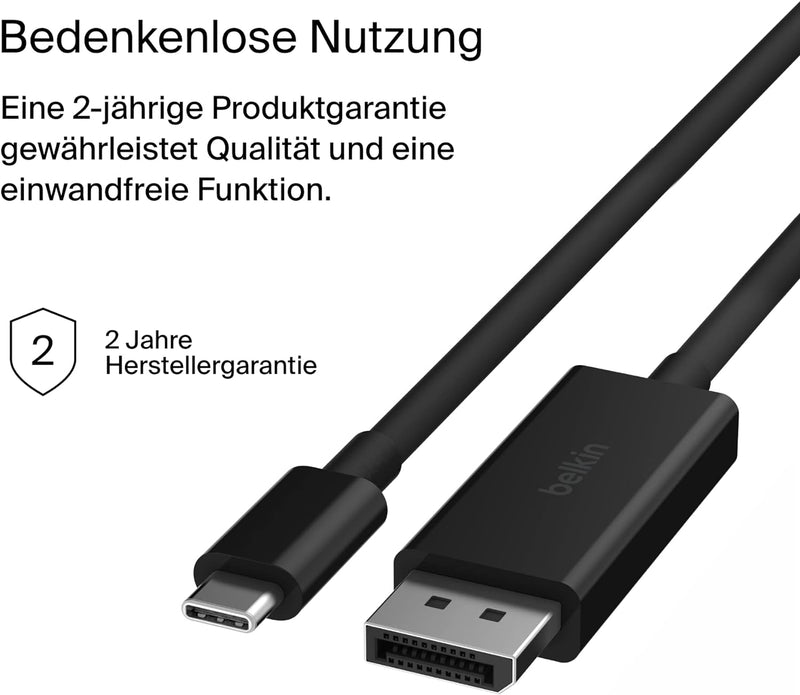 Belkin USB-C/DisplayPort 1.4-Kabel, 2 m, 32,4 Gbit/s, 8K bei 60 Hz oder 4K bei 144 Hz, mit HBR3, DSC