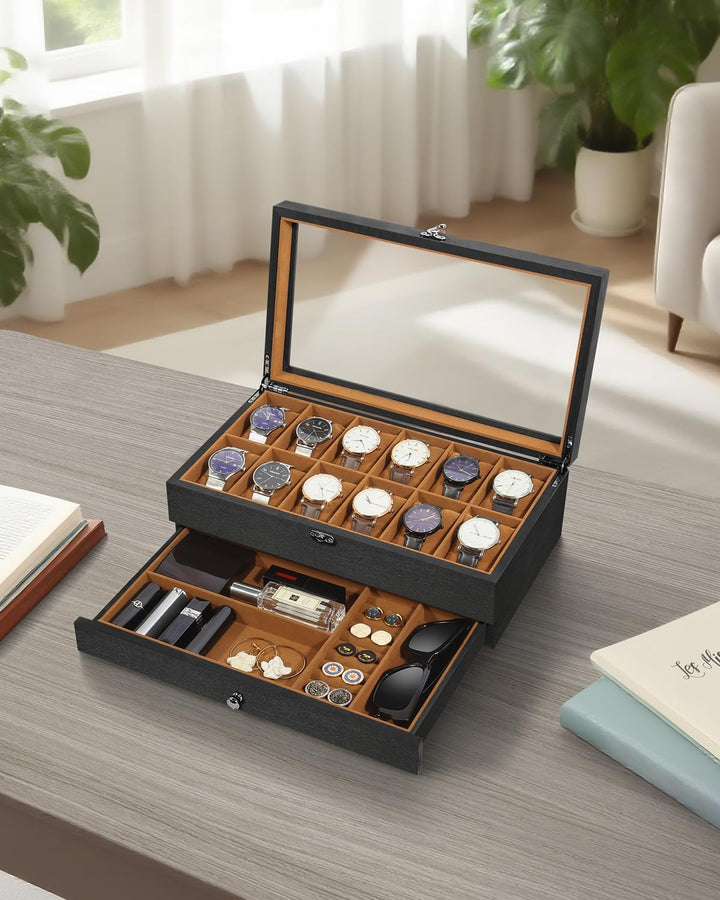 Uten Uhrenbox mit 12 Fächern, 2 Ebenen Uhrenkasten aus Massivholz mit Glasdeckel, Uhrenkissen Seiden