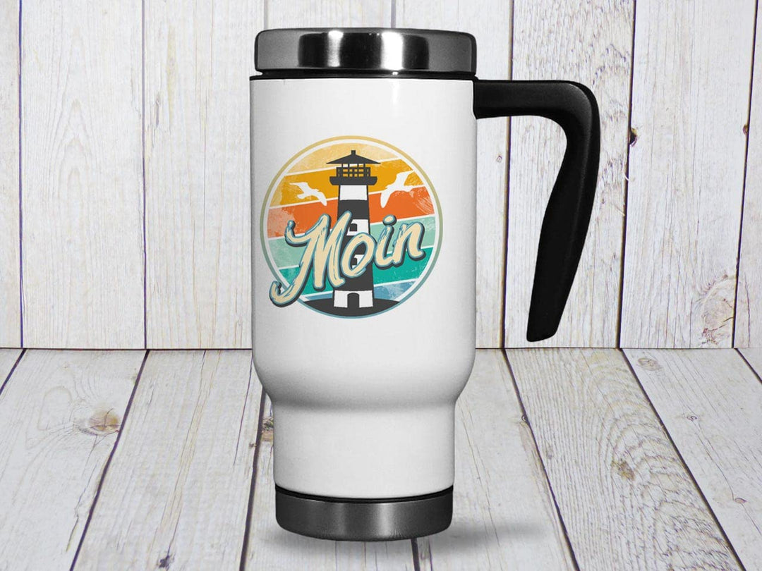 Maritimer 'Moin' Thermobecher mit Leuchtturm und Möwen Motiv – Isolierbecher aus Edelstahl, 470ml -