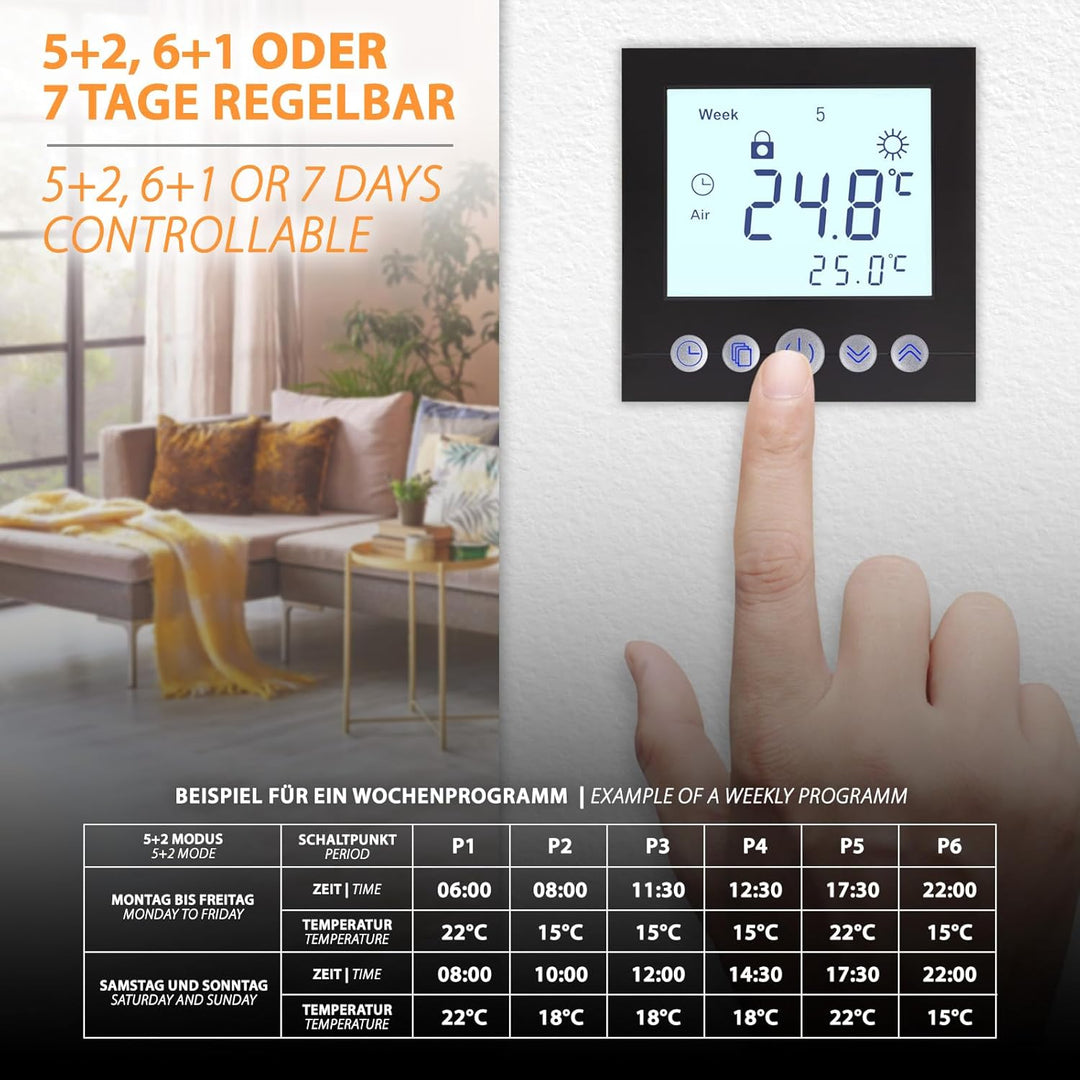Digitales Unterputzthermostat Thermostat schwarz 8cm Bildschirmdiagonale für Antriebssteuerung elekt