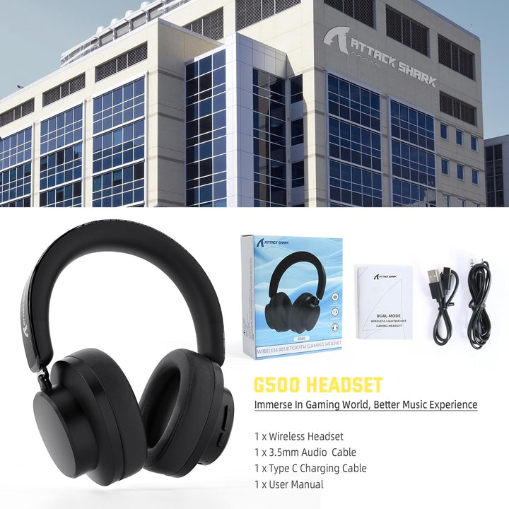 ATTACK SHARK G500 Kabelloser Kopfhörer mit Active Noise Cancelling, Over Ear Bluetooth Headset mit I