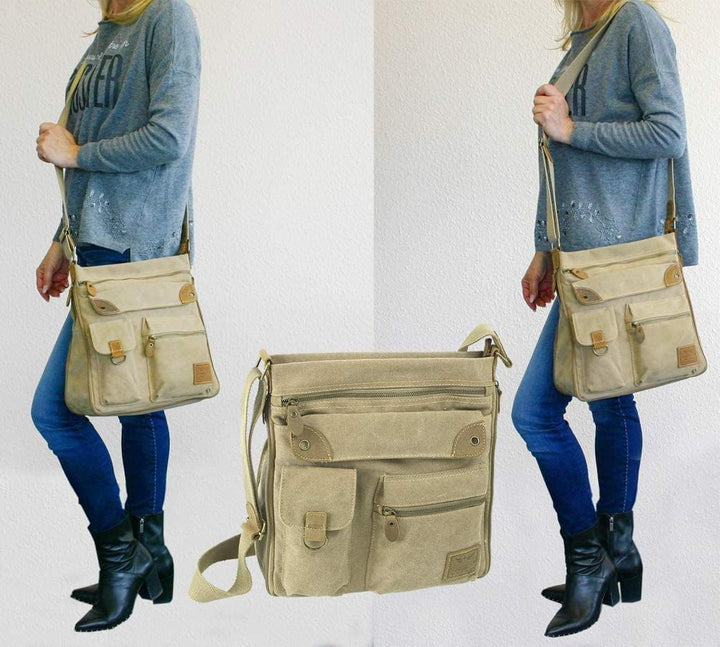 JENNIFER JONES - Grosse Damen Handtasche aus Canvas und Echtleder - Vintage Look - Casual Schulterta