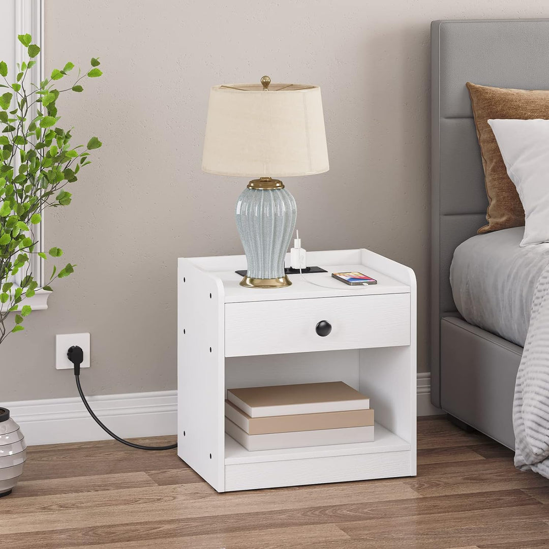HOOBRO Nachttisch mit Ladestation, Beistelltisch mit Schublade und offenen Fächern, USB-Anschlüsse u