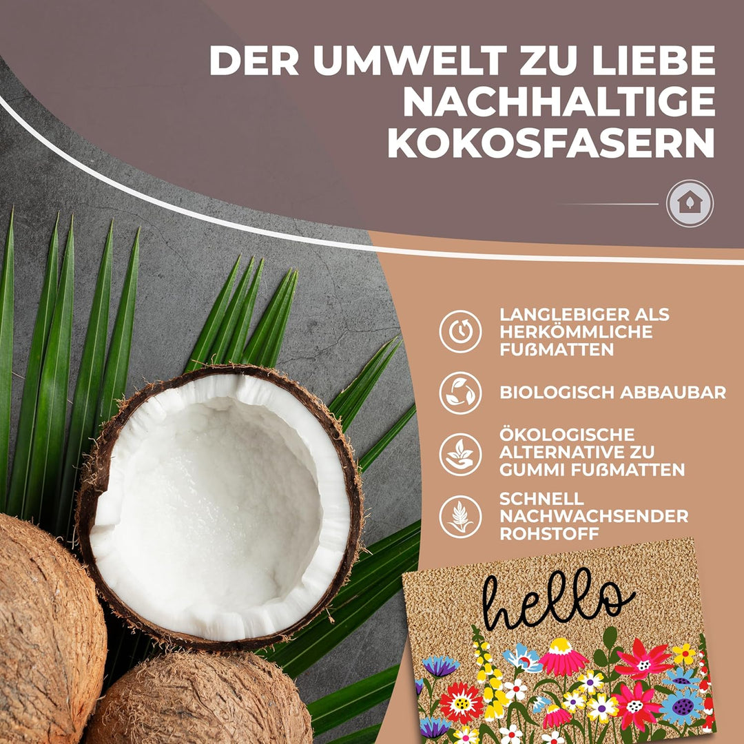 Fussmatte Kokos 60x40cm Blumen I Extra langlebige & rutschfeste Kokosmatte für Innen & Überdachte Au