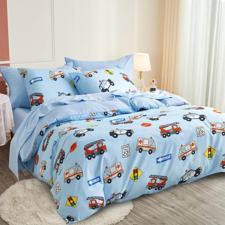 Freyamy Kinder Bettwäsche 135x200cm Blau Bunt Cartoon Auto Jungen Kinderbettwäsche Mikrofaser Cars A