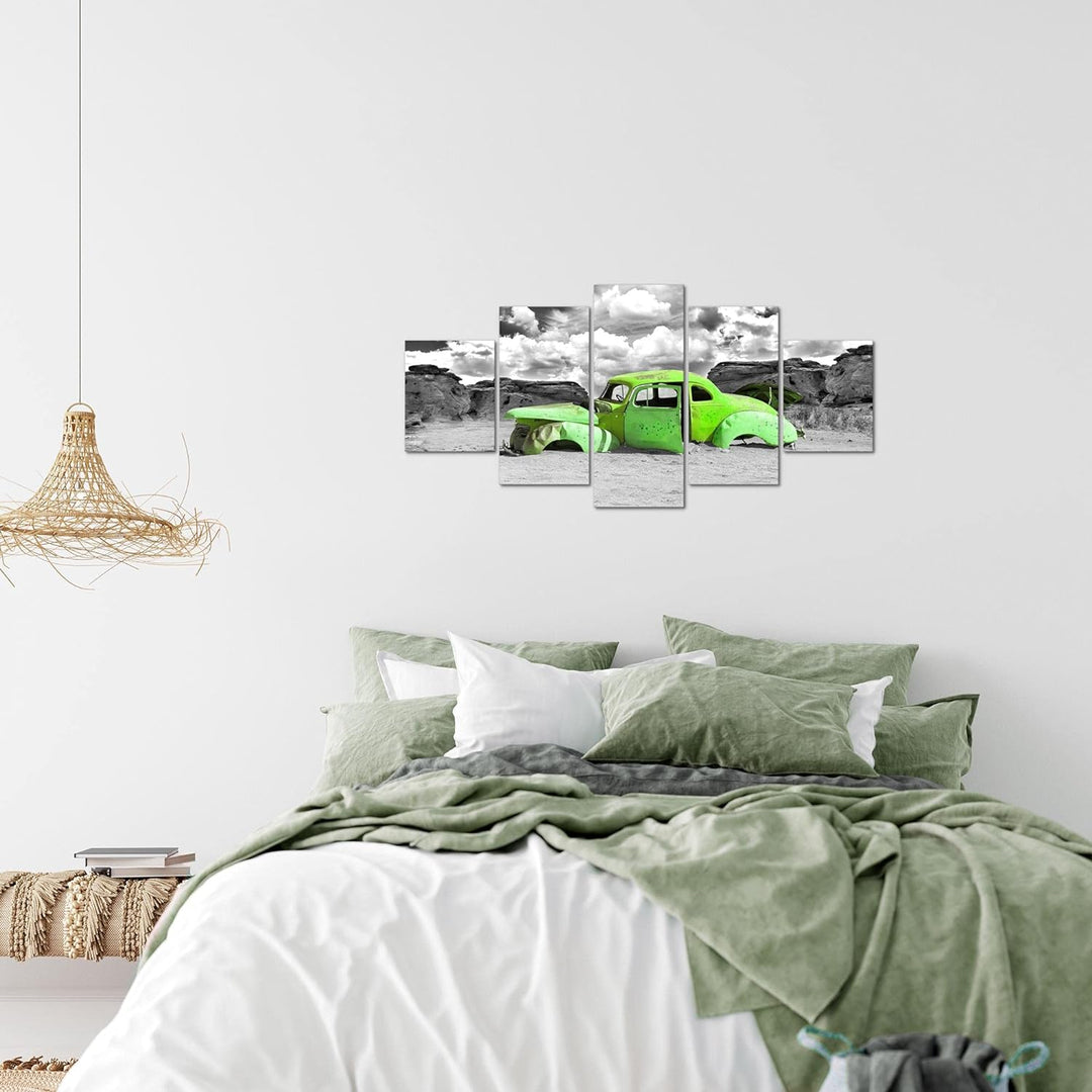 Runa Art Wandbilder Auto Oldtimer 5 Teilig Bild auf Vlies Leinwand Deko Wohnzimmer Vintage Grün Grau