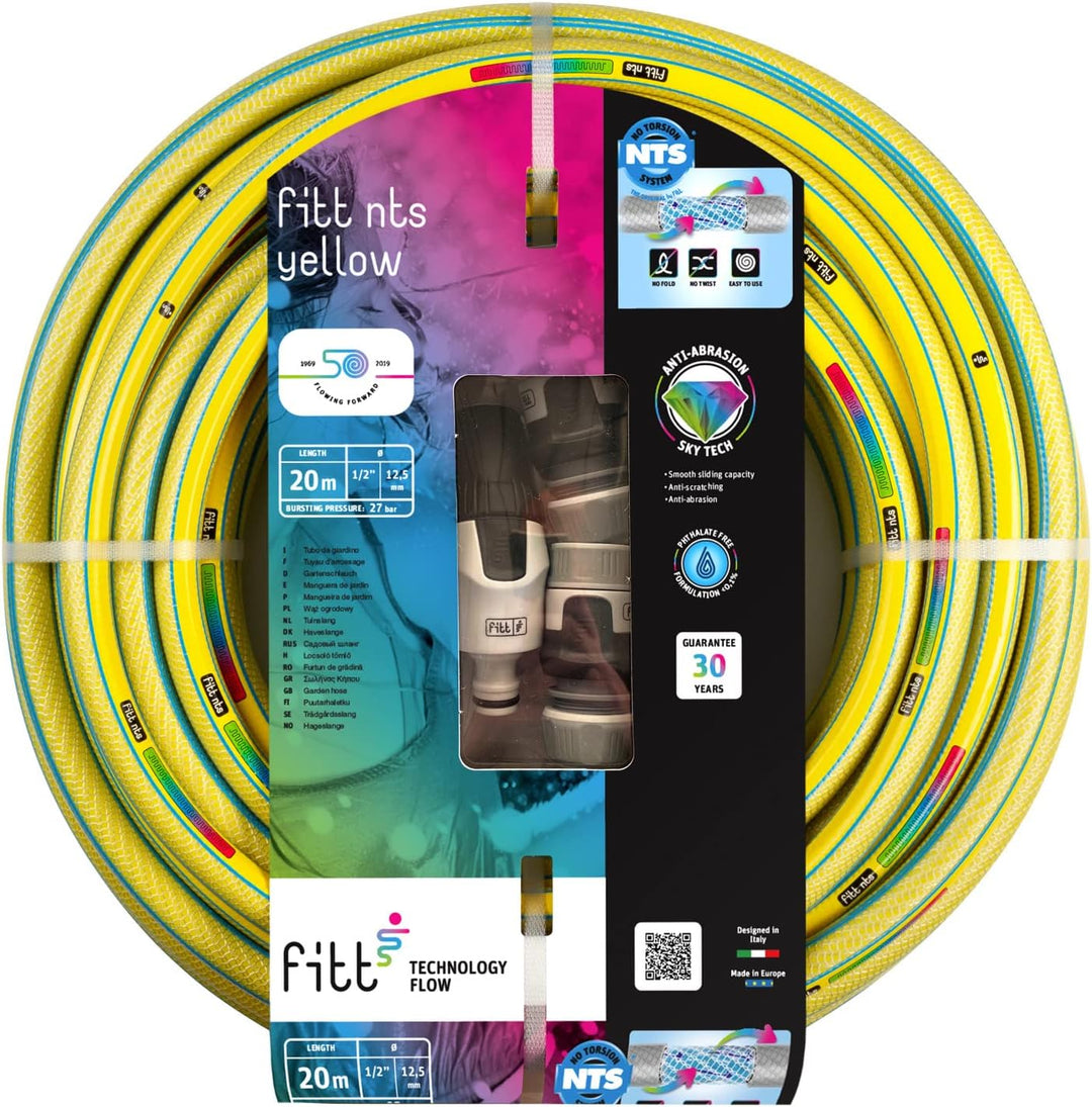 FITT NTS Yellow 1/2" (12,5mm) 20m - Robuster und Flexibler Gartenschlauch in gelber Farbe für eine I