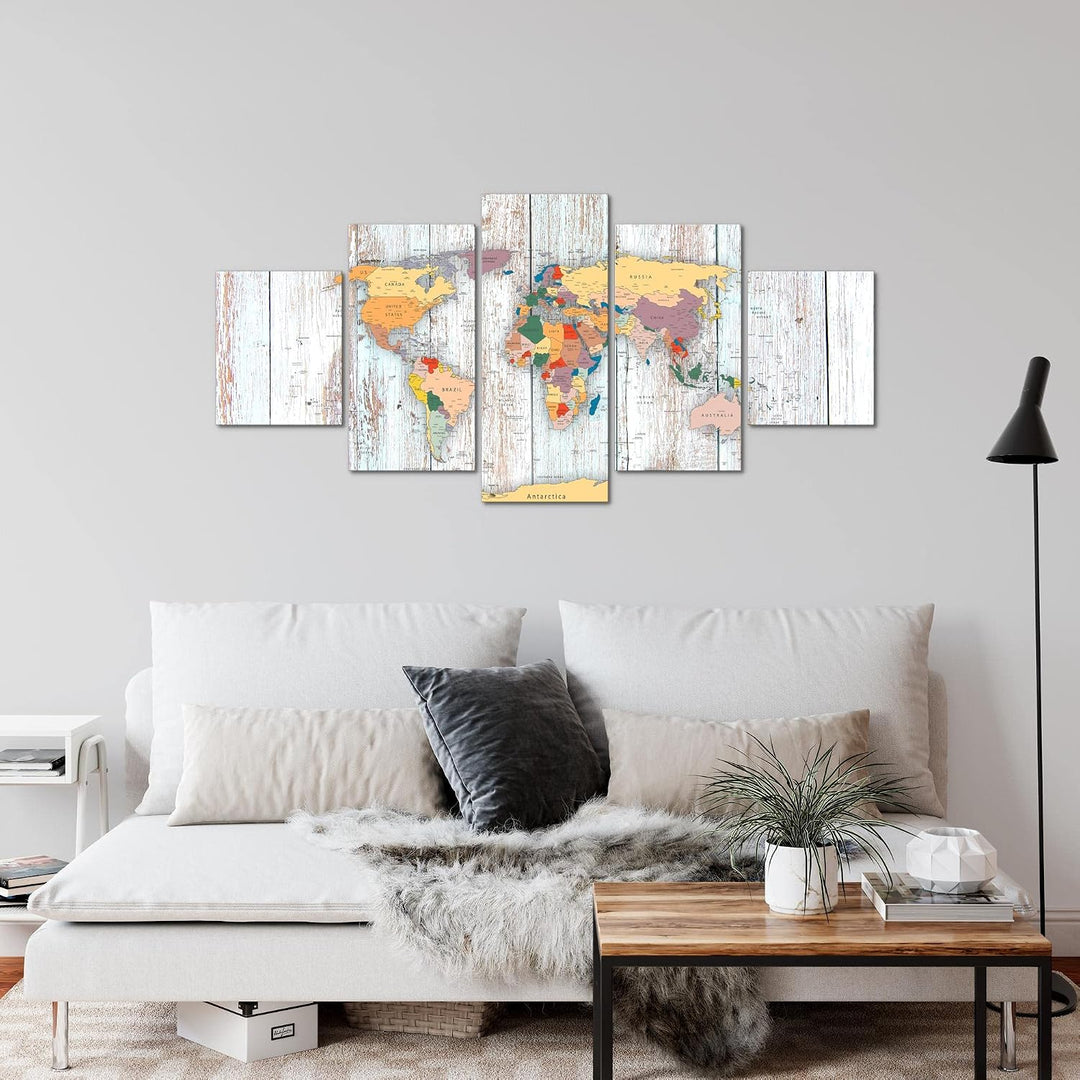 Runa Art Wandbilder Weltkarte Holz 5 Teilig Bild auf Vlies Leinwand Deko Büro Wohnzimmer Landkarte W