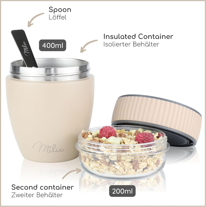 Milu Müslibecher to go 400ml I isolierter Edelstahl Joghurtbecher für Müsli I auslaufsicherer Becher