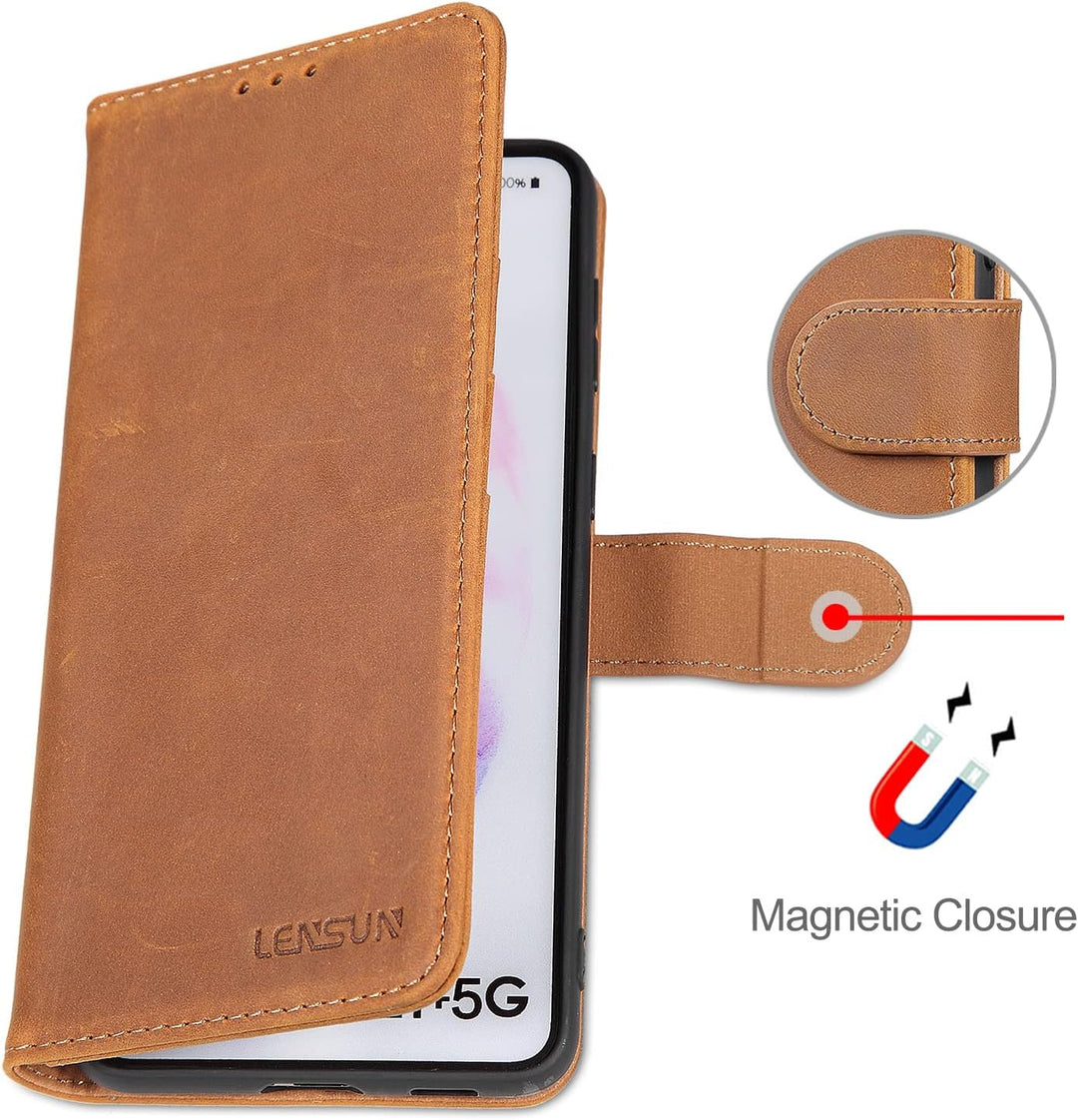 LENSUN Echtleder Hülle für Samsung Galaxy S21 Plus, Handyhülle [Echtes Leder] [Magnetverschluss] [Ka