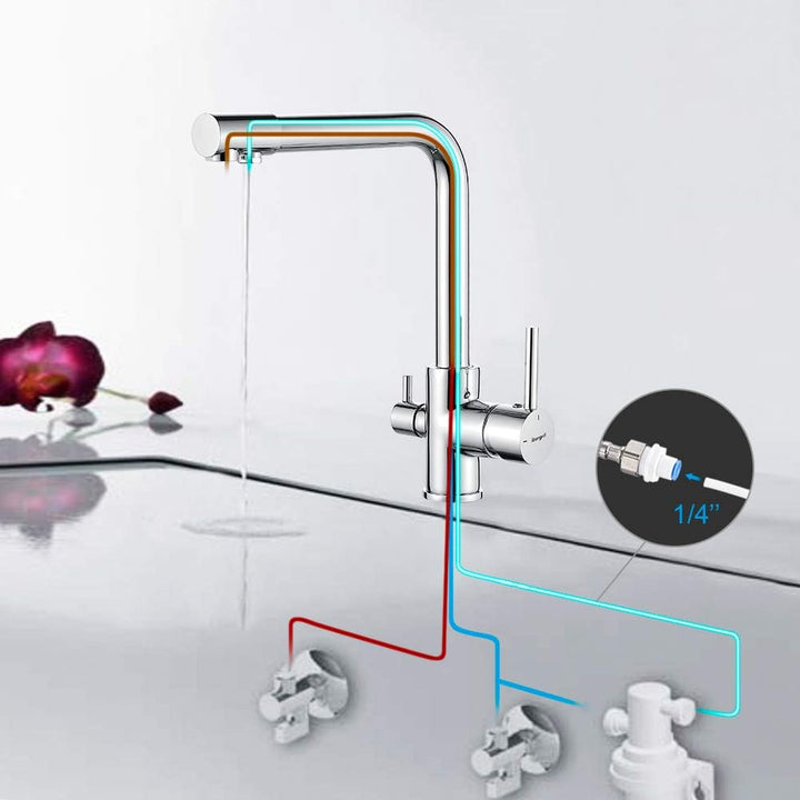 Ibergrif Küchenarmatur 3 Wege Wasserhahn mit Filter-Mischbatterie Küche 360° Drehbar, mit 3 Schlauch