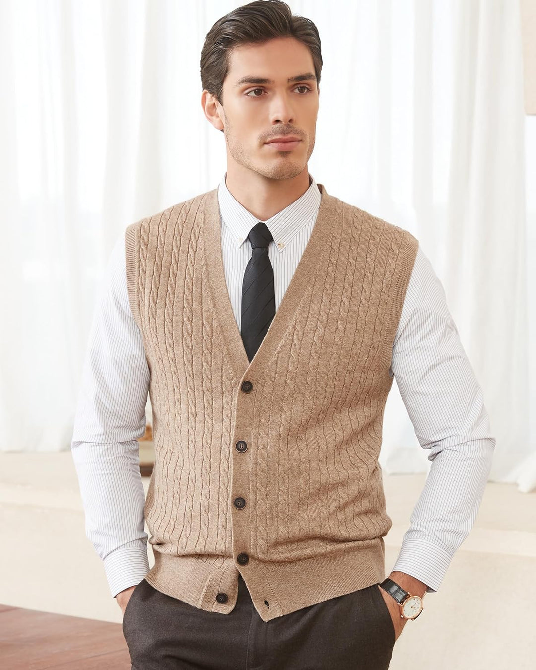 Kallspin Herren Strickweste Ärmellos Cardigan Wollmischung mit Zopfmuster und Knöpfen M Kaffee, M Ka