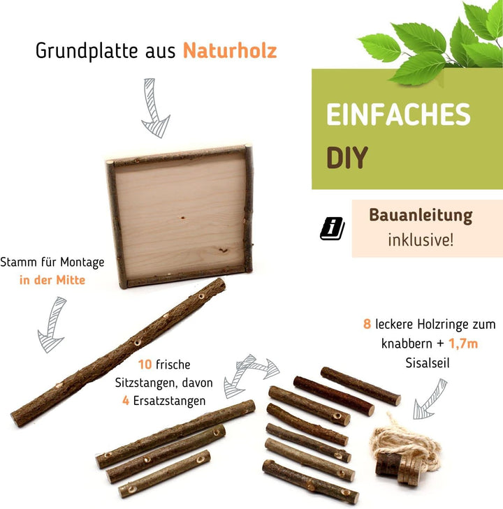Vogelgaleria® Vogelspielplatz selber Bauen. DIY Bausatz für tolles Vogelspielzeug aus Naturholz