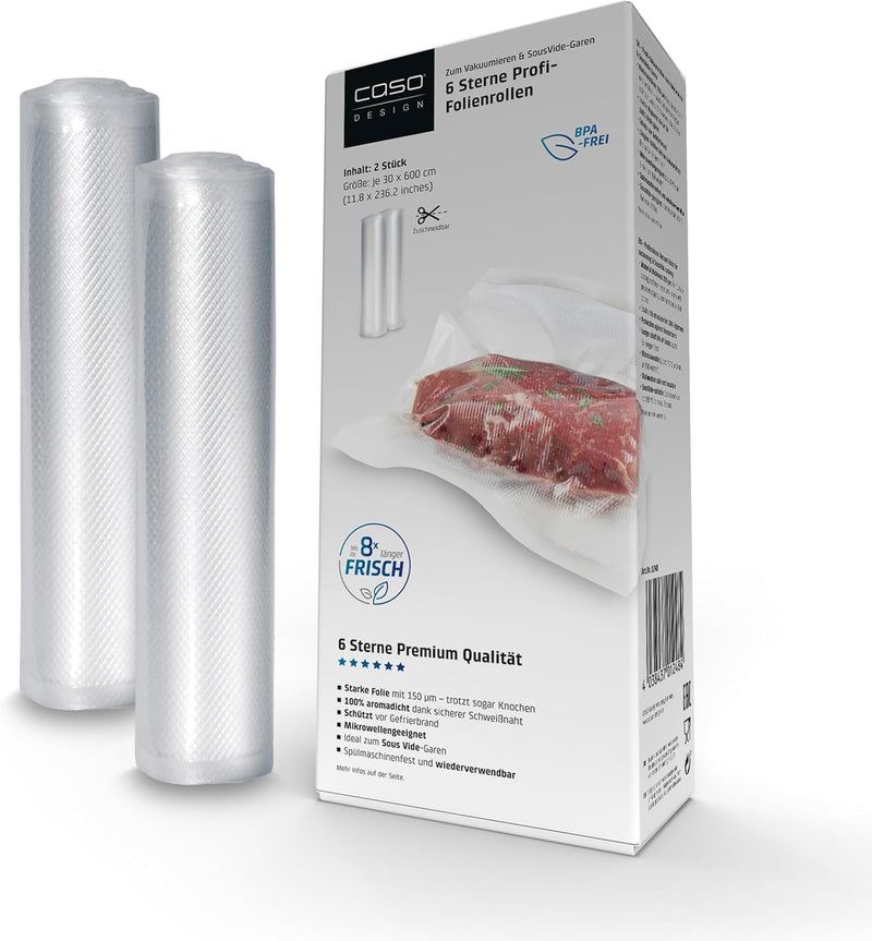 CASO 6 Sterne Profi-Folienrollen 30 x 600 cm, 2 Rollen, für alle Vakuumierer, SousVide-geeignet, wie