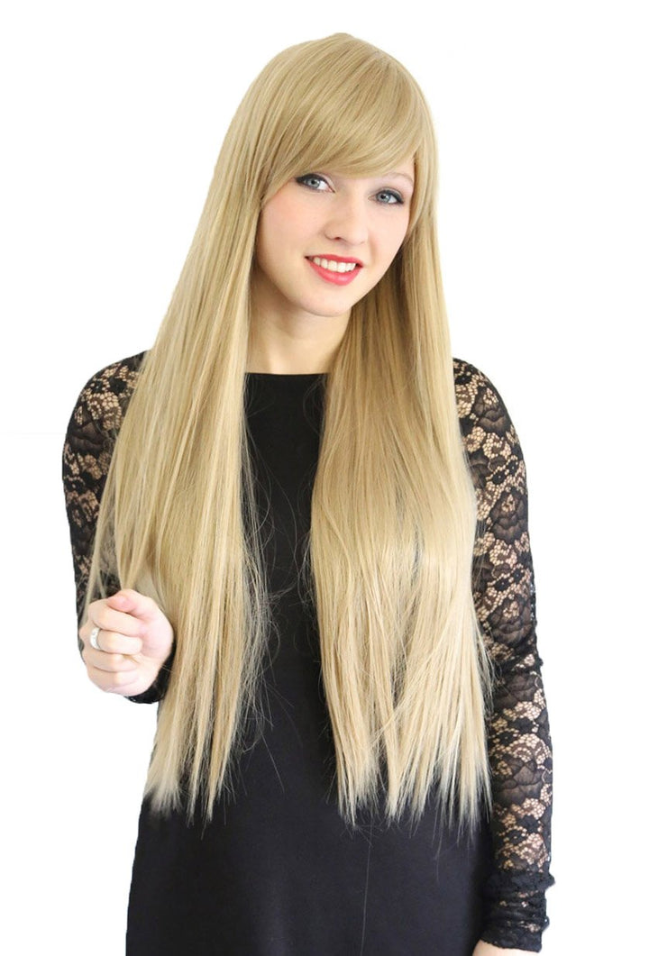 Prettyland Damen Blond Langhaar-Perücke Glatte Volumen lange Perücke mit Pony Wig für Halloween Cosp