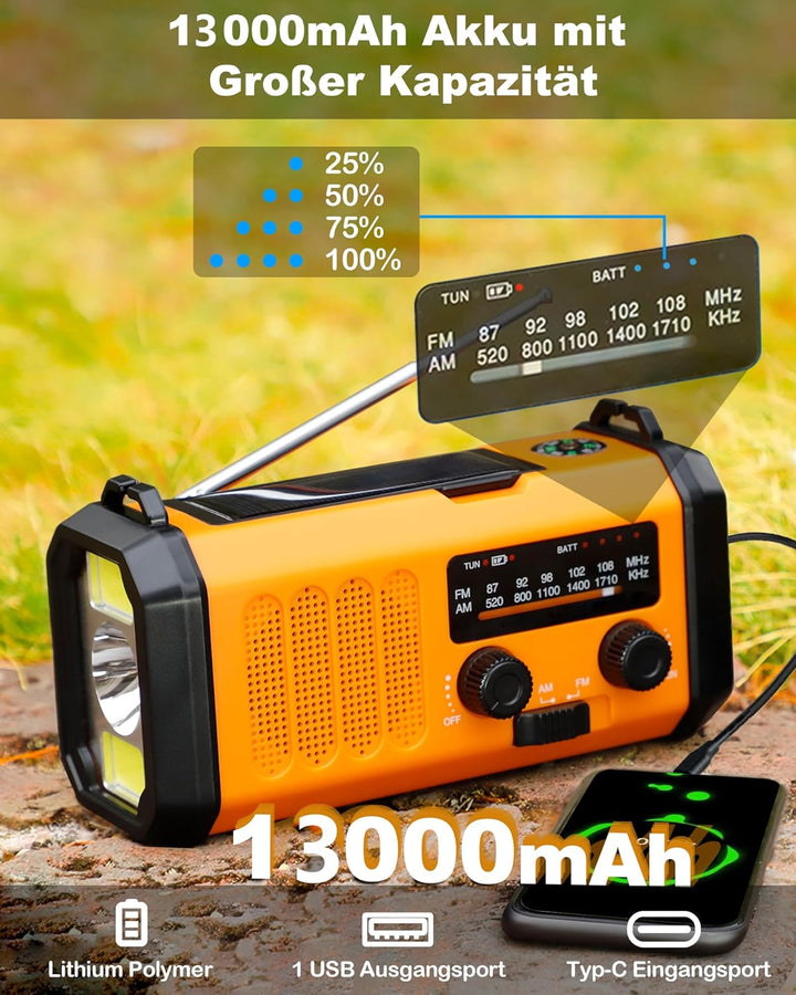 10000mAh Tragbare Solar Kurbelradio, Dynamo Weltempfänger Notradio mit AM FM Radio, Aufladbar Powerb