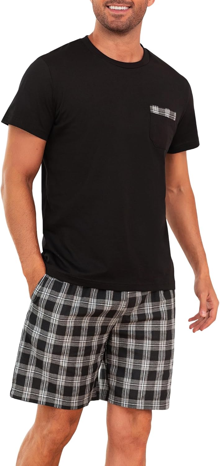 Winovia Schlafanzug Herren Kurz Pyjama 100% Baumwolle Kurzarm Nachtwäsche Nightwear Set mit Rundhals
