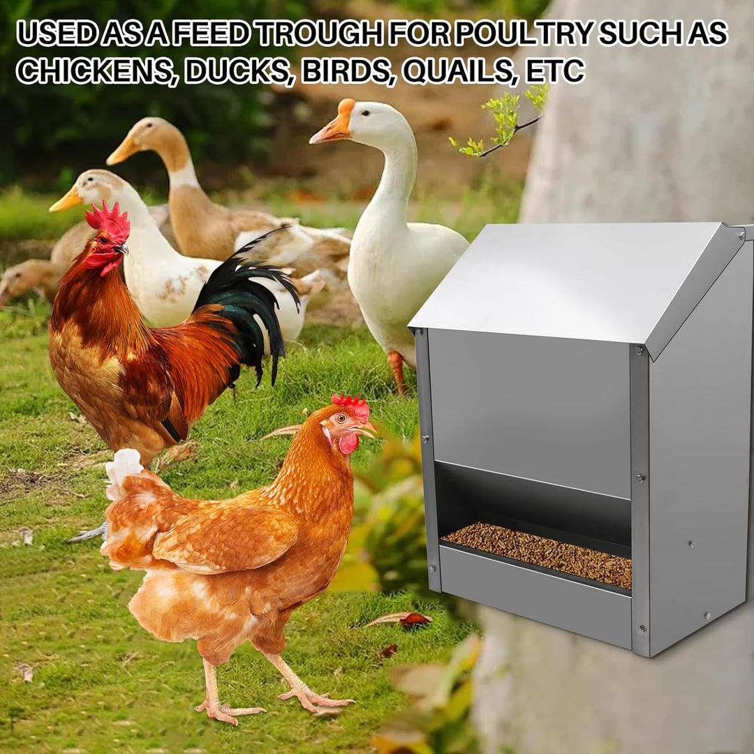 MUYIRTED 10kg Futterautomat Hühner Gross Geflügelfütterer Metall, Hühnerfutter Automat Mit Dach, Fut
