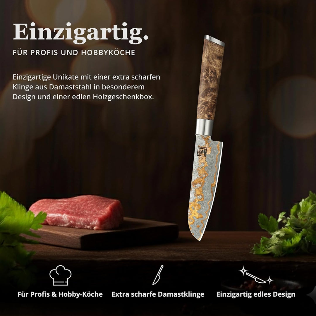zayiko MysticMagma Damastmesser Santoku (klein) I Messer mit 12 cm Klinge gefertigt aus 67 Lagen Dam