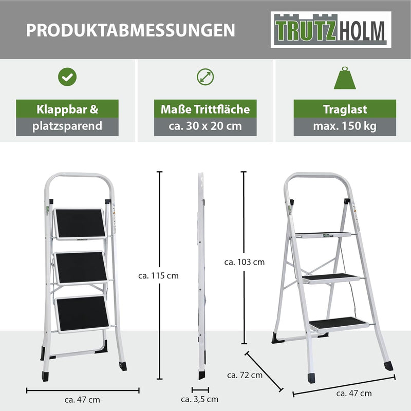 TRUTZHOLM Trittleiter 2 oder 3 Stufen klappbar TÜV/GS Zertifiziert 150 kg Klappleiter Anti-Rutsch Tr