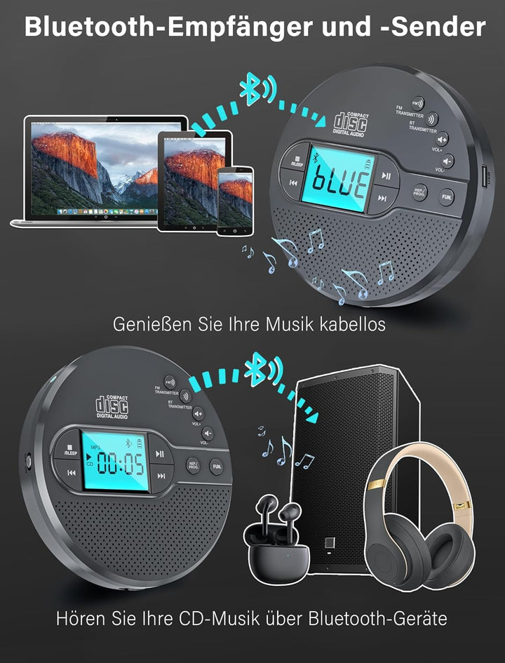 Walkman CD-Player mit Bluetooth - 2000mAh Wiederaufladbarer Discman CD-Player mit FM-Transmitter, Ko
