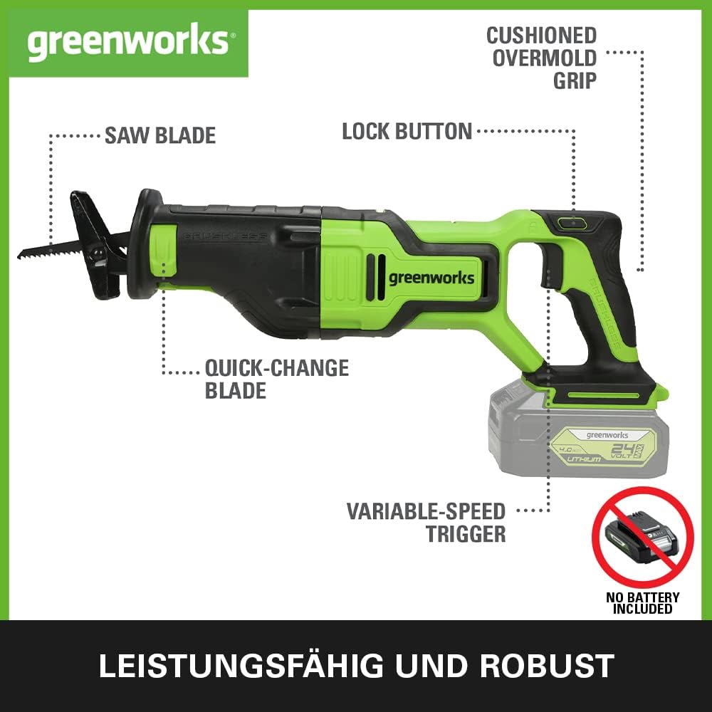 Greenworks GD24RS Akku Säbelsäge mit bürstenlosem Motor, 2700spm, 28 mm Hublänge, OHNE 24V Akku & La