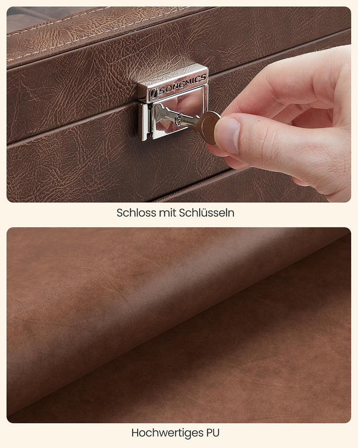 SONGMICS Uhrenbox, Uhrenkasten mit Glasdeckel, Uhrenkoffer 2 Ebenen, für 12 Uhr, abschliessbar, 1 Sc