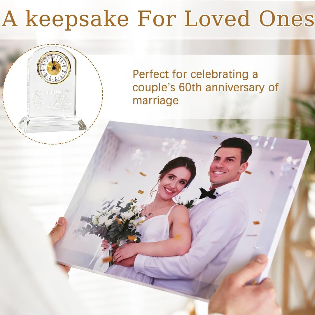 Geschenk Hochzeit Deko, 60. Jahrestag Quarzuhr mit Kristallsockel Diamantene Hochzeit Personalisiert
