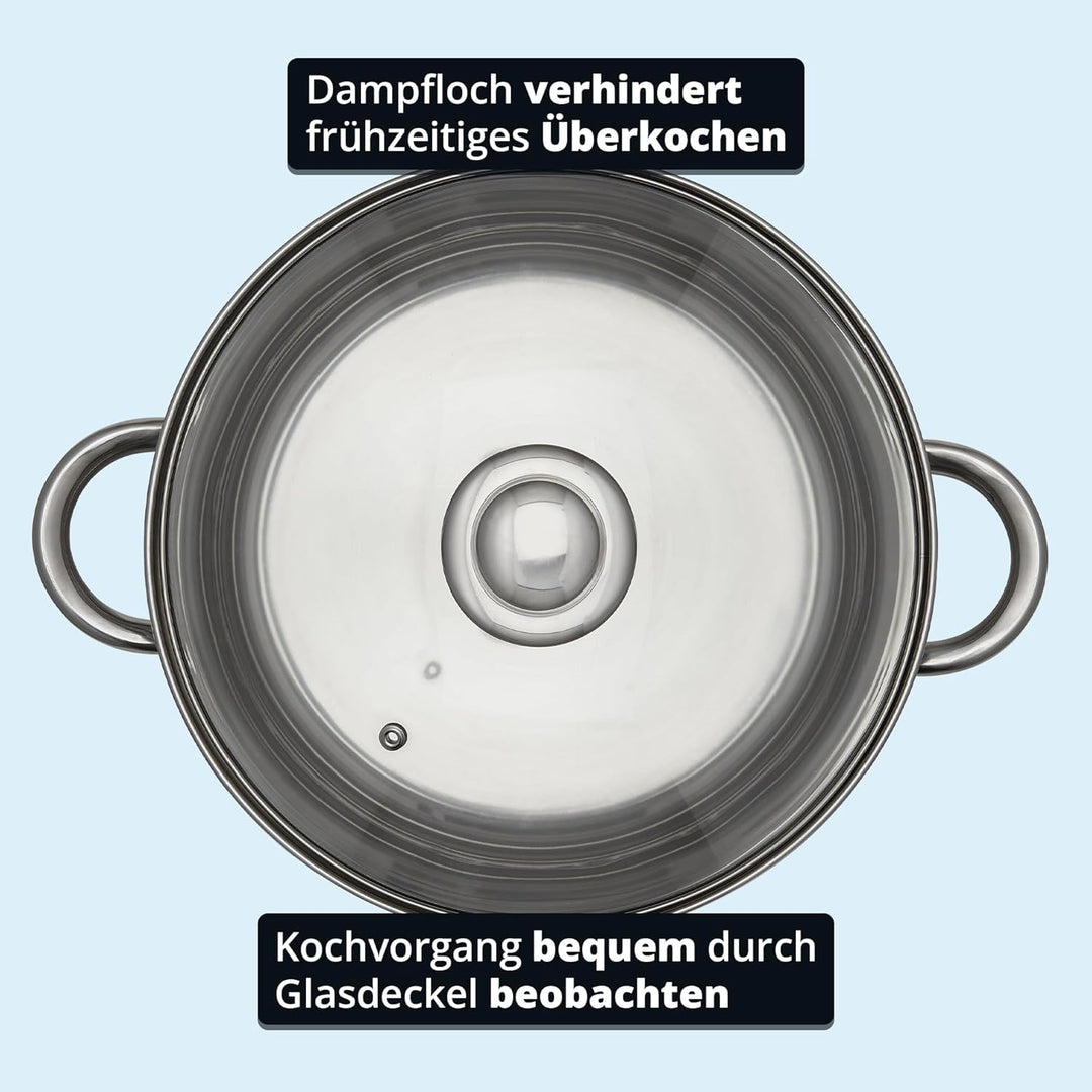 KHG Topf Kochtopf 26 cm, 10 Liter Induktion, Edelstahl unbeschichtet inkl. Glasdeckel | XXL Suppento