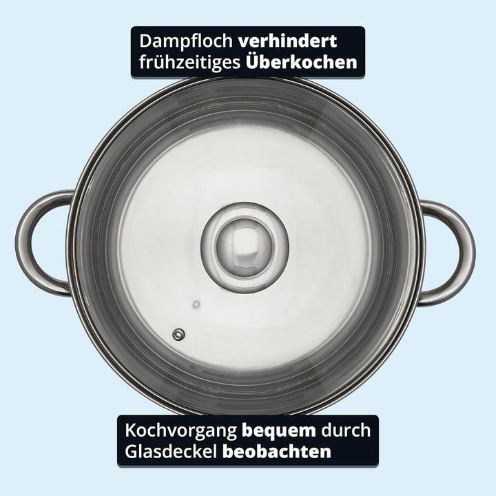 KHG Topf Kochtopf 26 cm, 10 Liter Induktion, Edelstahl unbeschichtet inkl. Glasdeckel | XXL Suppento