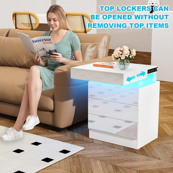 Lvhcmfohm Nachttisch Weiss mit Led, Nachtschrank, Nachtkommode mit 2 Schubladen und Schränke mit Kla