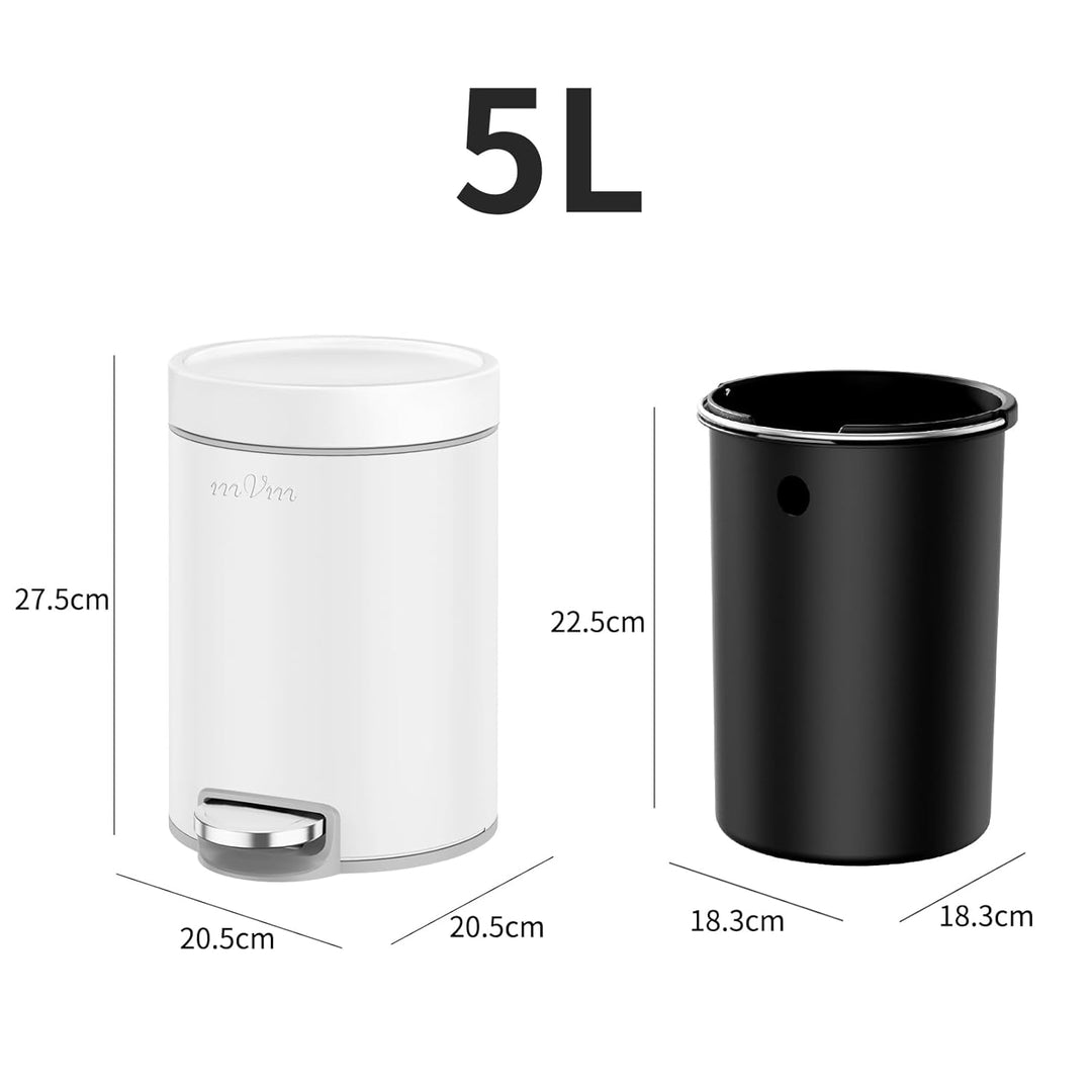 mVm Mülleimer Bad 5L, Mülleimer mit Deckel, Weiss | Soft-Close, Herausnehmbarem Inneneimer, Fingerab