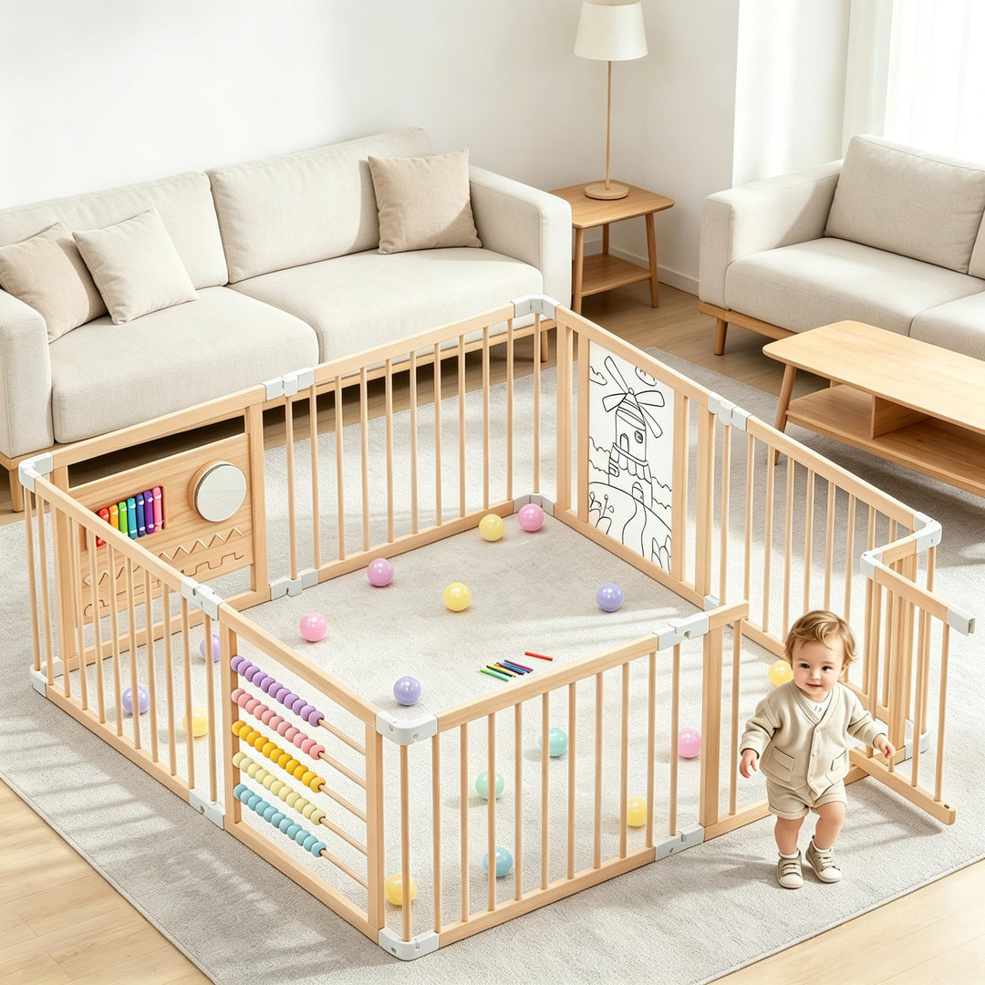 Laufstall Baby mit Spielzeug, Laufgitter Baby Faltbar aus Holz,160*160*61cm | Verstellbare Grösse, m