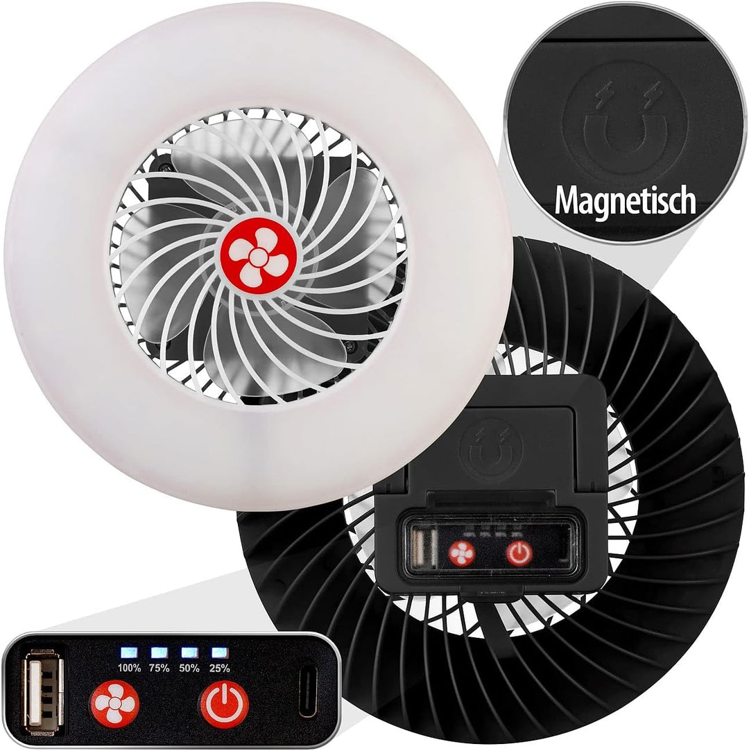 Semptec Urban Survival Technology Camping Licht: 2er-Set 3in1-Akku-LED-Lichter & Ventilatoren + USB-