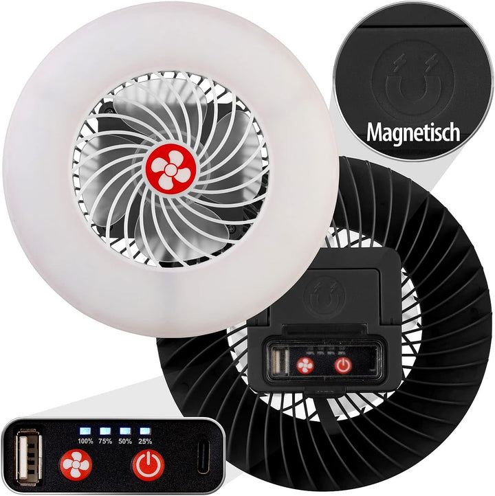 Semptec Urban Survival Technology Camping Licht: 2er-Set 3in1-Akku-LED-Lichter & Ventilatoren + USB-