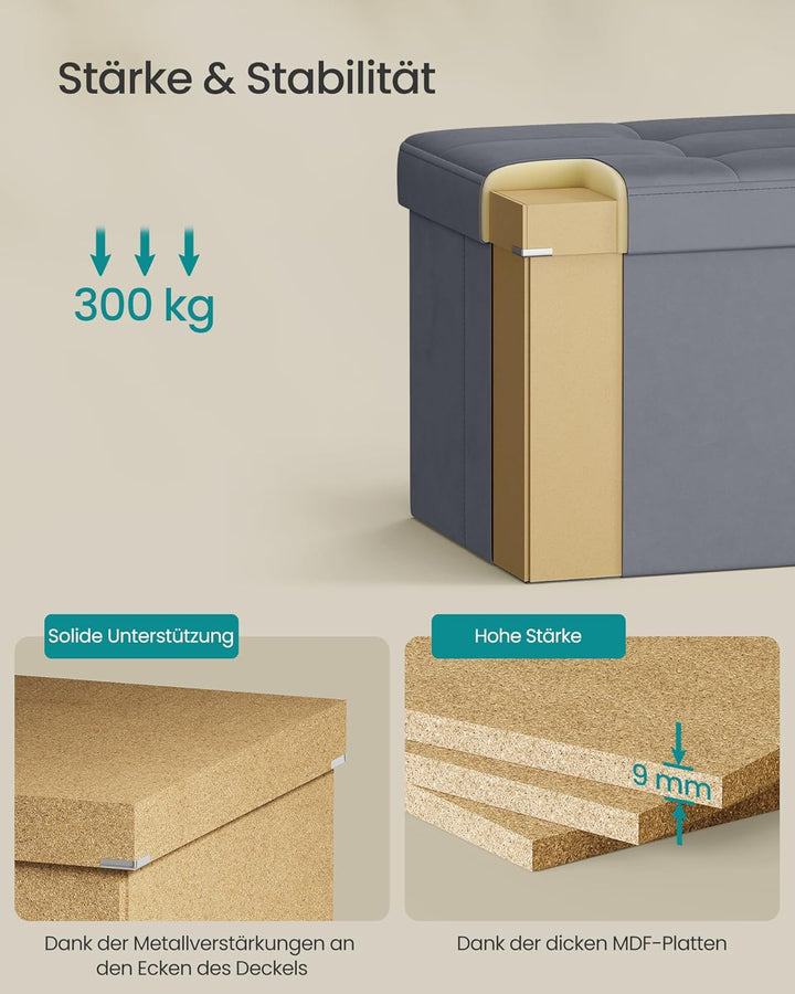 SONGMICS Sitzbank mit Stauraum, klappbare Sitztruhe, 38 x 110 x 38 cm | Aufbewahrungsbox, Deckel kla