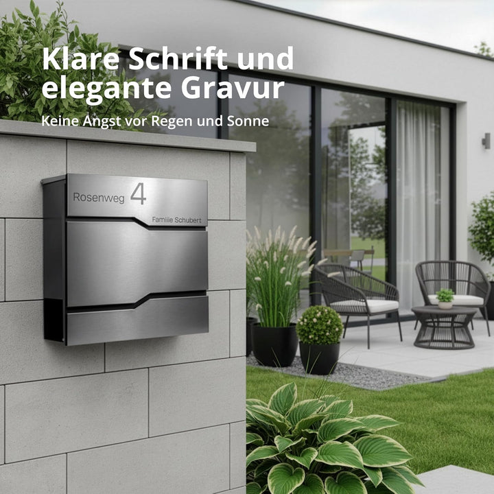 Grafner Premium Briefkasten personalisiert, Edelstahl mit Zeitungsfach und 2 Schlüssel, moderner Pos