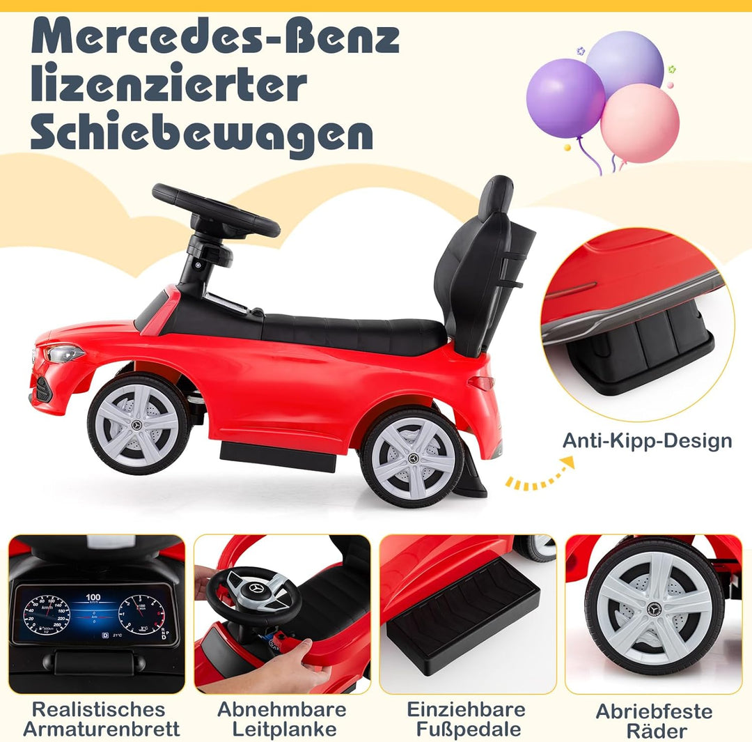 COSTWAY Mercedes-Benz Rutschauto, 3-in-1 Rutschfahrzeug mit Schiebegriff, Stauraum & Lenkschieber, S