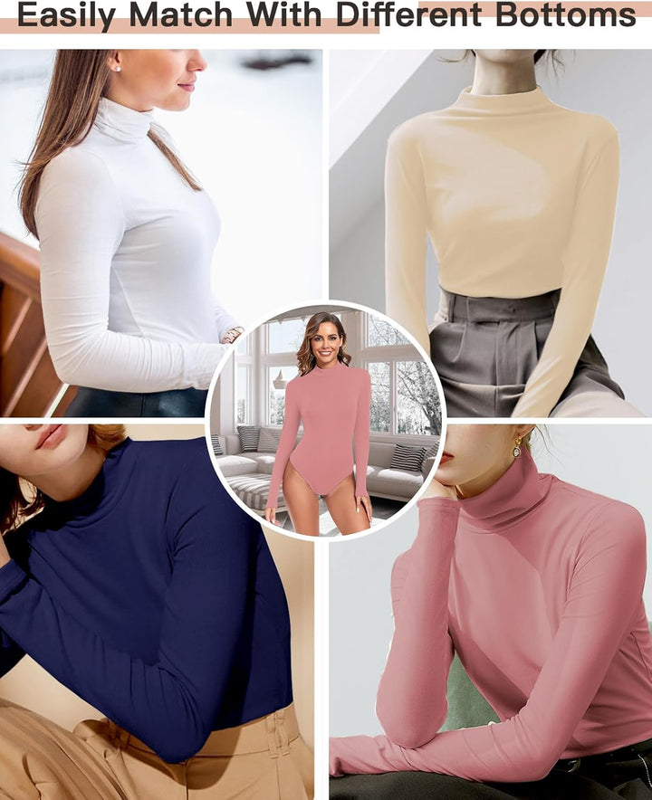 WOWENY Damen Body Langarm mit Stehkragen - Thermo Bodysuit Fleece Oberteile Shirts Rolli Pullover Ro
